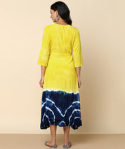 Rayon Tie Dye A-Line Navy Blue Midi Dress With Tie-Up Belt (W1242)