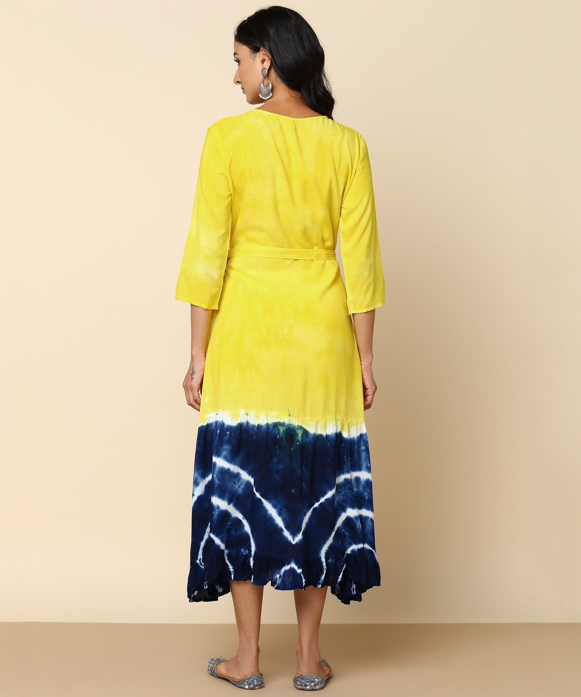 Rayon Tie Dye A-Line Navy Blue Midi Dress With Tie-Up Belt (W1242)