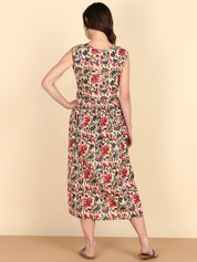 Pure Cotton Floral Printed Beige A-line Midi Dress (W1226)