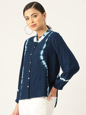 Rayon Blue Frill Neck Shirt (W1333)