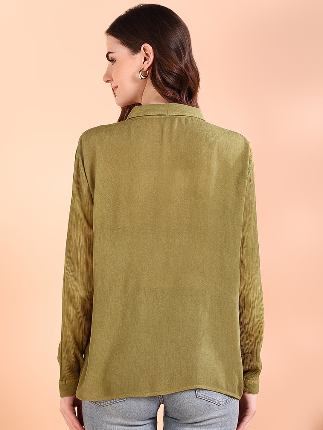 Olive Green Tie-Dye Crepe Loose Fit Shirt (W1557)