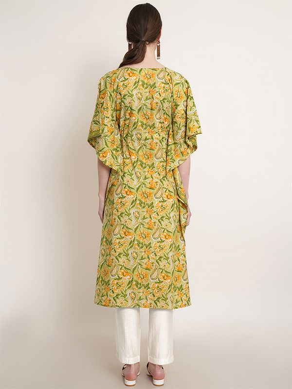 Green & Yellow Tie Dye Cotton Floral Print Kaftan Kurta (W1388)