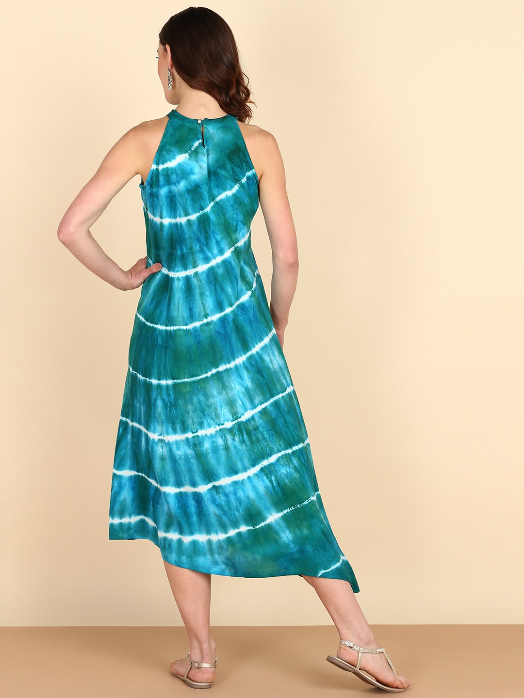 Rayon Tie Dye Green halter Front Slit High Low Dress (W1244)