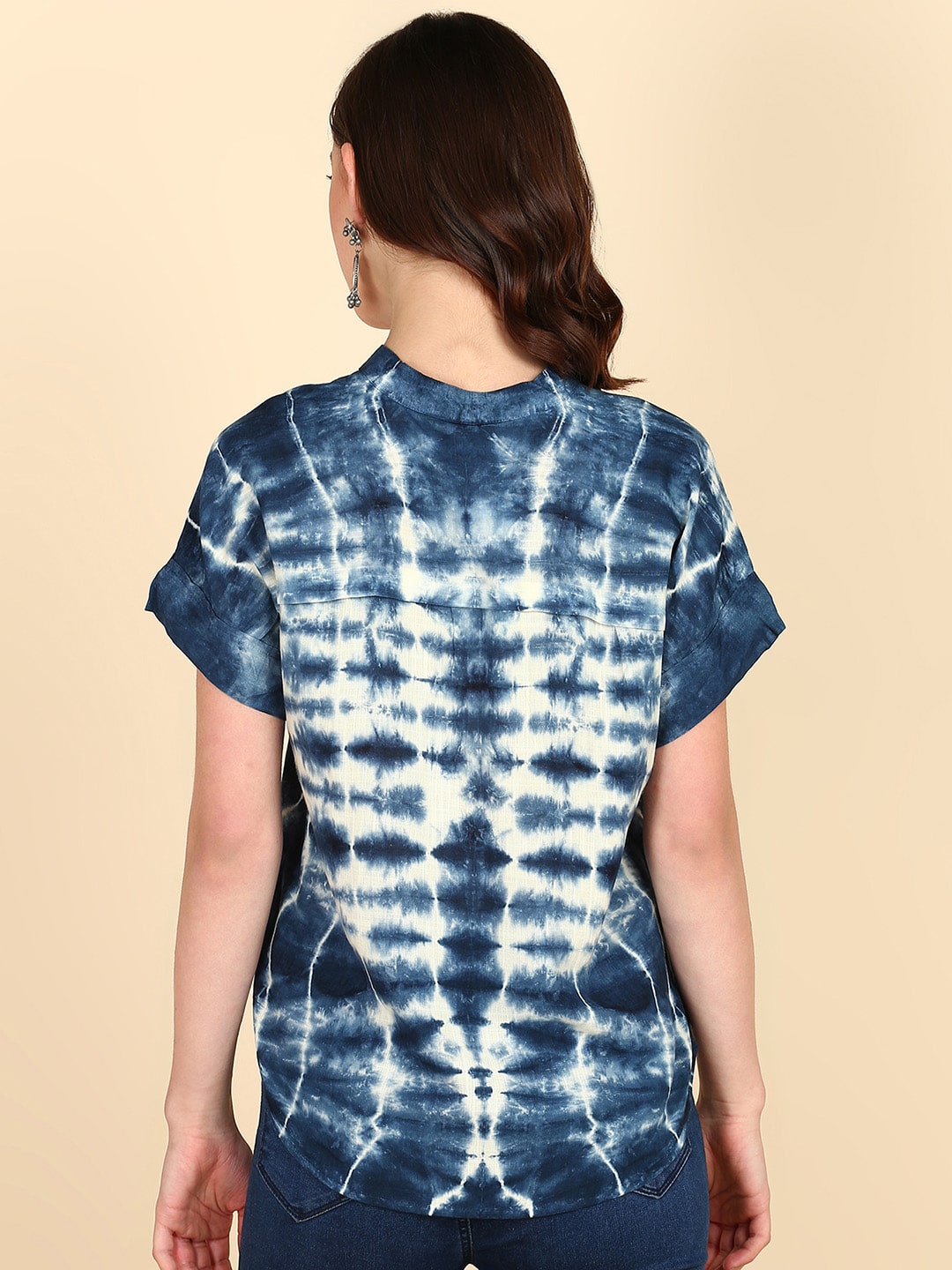 Rayon Tie Dye Blue Mandarin Collar Top (W1339)