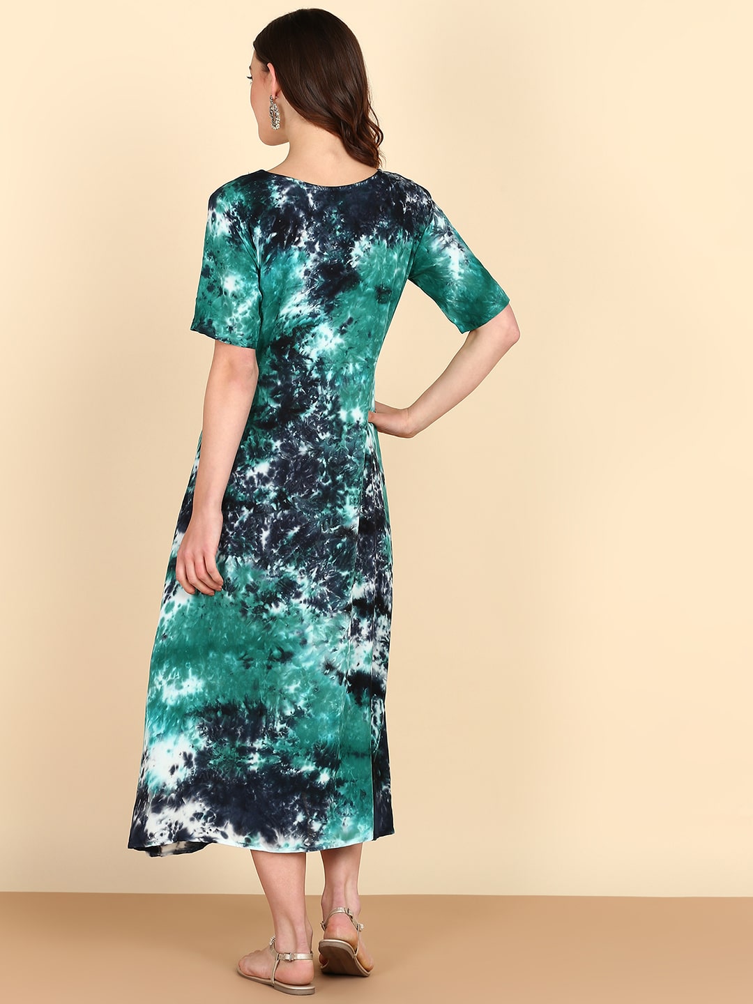 Rayon Tie Dye Sea Green A-Line Midi Dress (W1257)