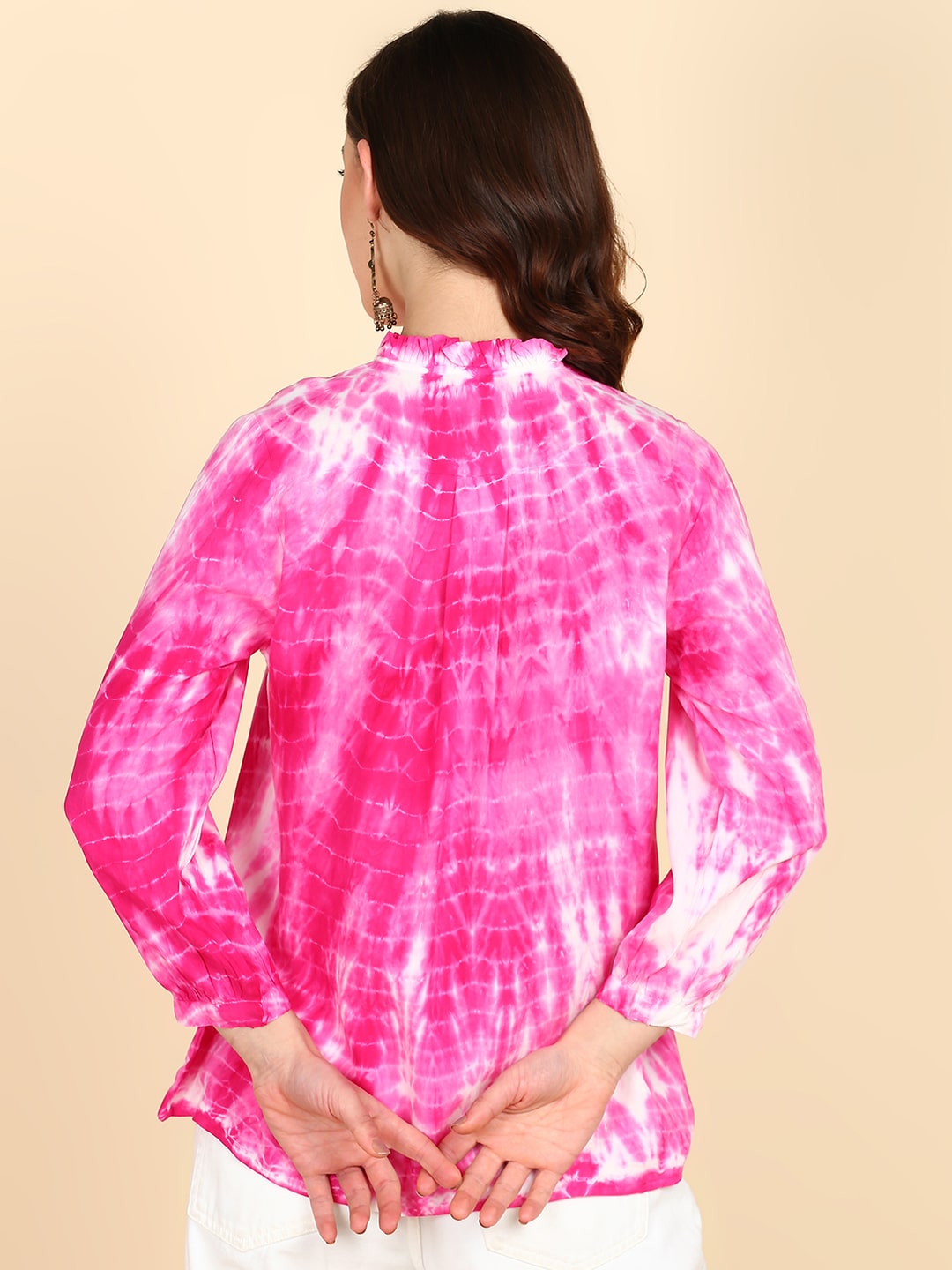 Rayon Tie Dye Pink Frill Neck Shirt (W1334)