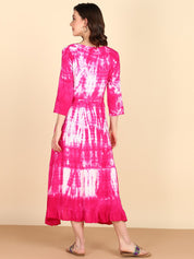 Rayon Abstract Tie Dye A-Line Pink Midi Dress With Tie-Up Closure (W1241)