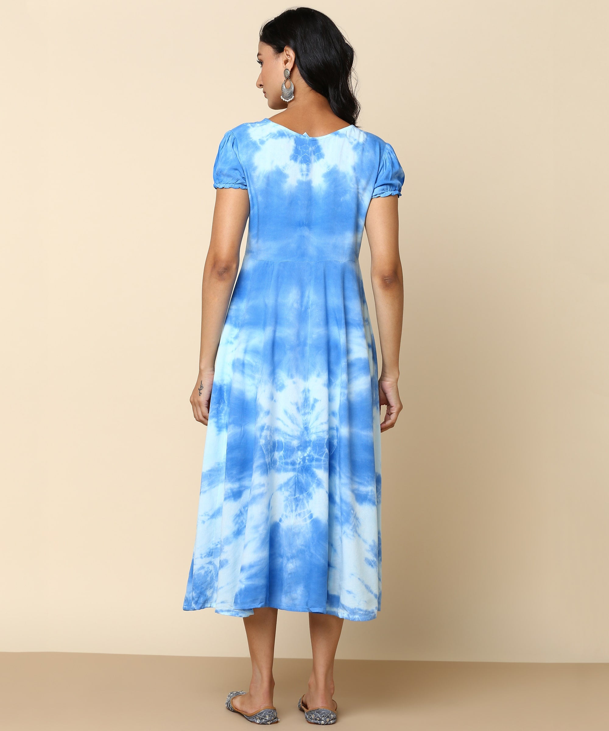 Rayon Tie and Dye Sky Blue A-Line Midi Dress (W1282)