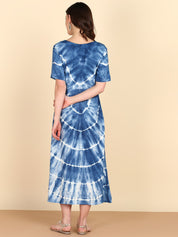 Rayon Tie Dye Blue A-Line Midi Dress (W1258)