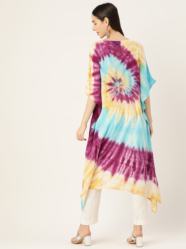 Rayon Tie Dye Spiral Pink Yellow Kaftan kurta (W1347)