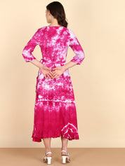 Rayon Tie dye Rose Pink Fit & Flare Belted Dress (W1268)