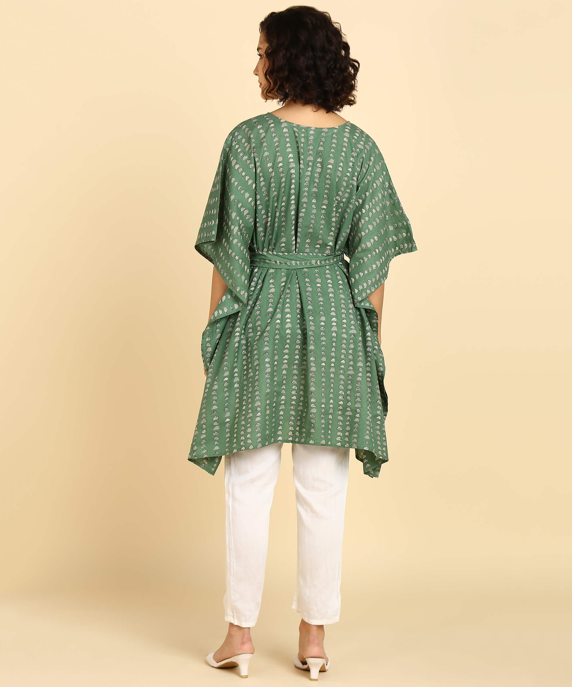 Jaipurhues Pure Cotton Green Printed Kaftan Tunic With Hand Kantha Work (W1394)