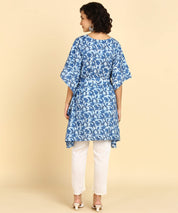 Pure Cotton Blue Printed Kaftan Tunic With Hand Kantha Work (W1397)