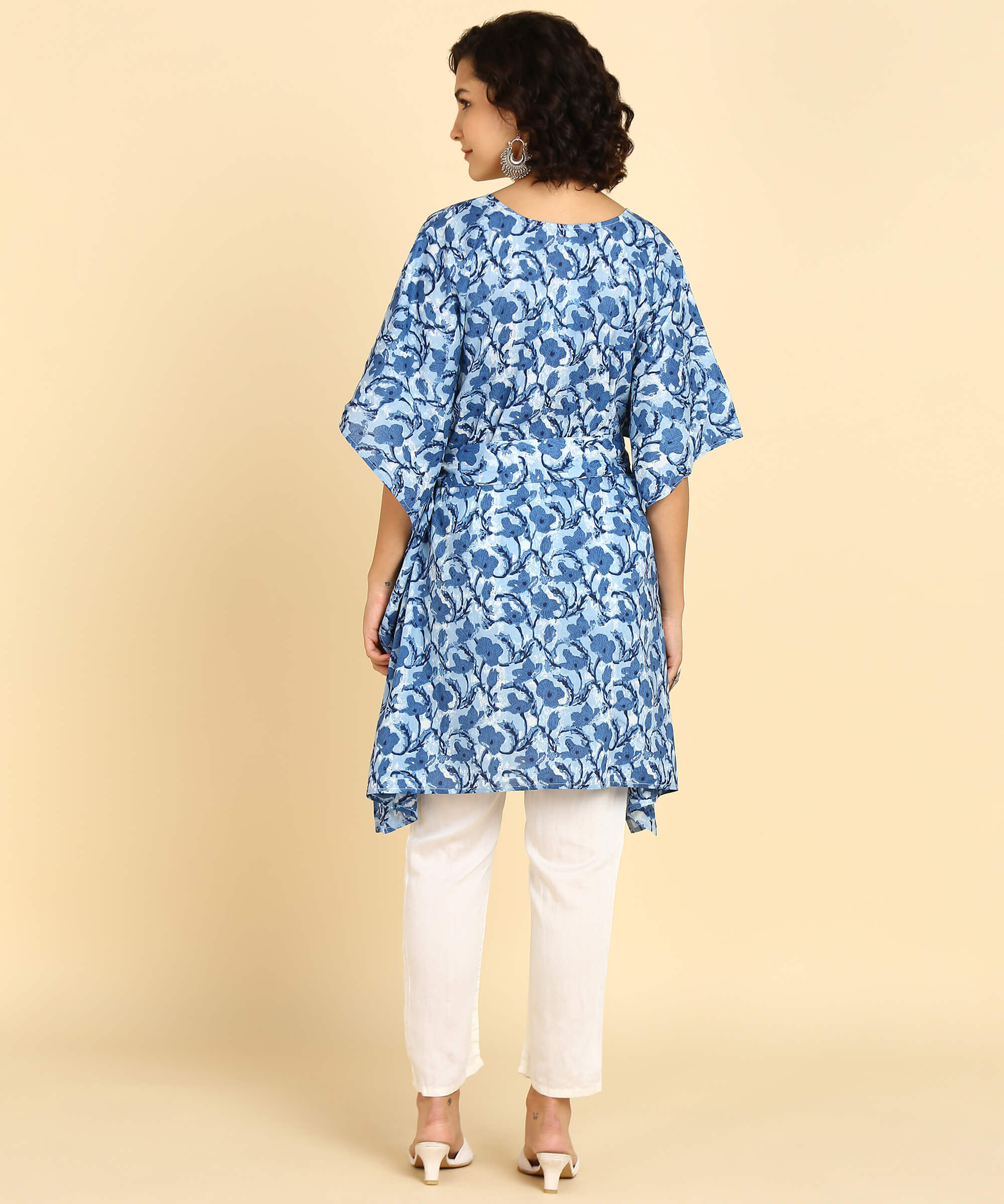 Pure Cotton Blue Printed Kaftan Tunic With Hand Kantha Work (W1397)