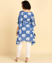 Jaipurhues Pure Cotton Blue Printed Kaftan Tunic With Hand Kantha Work (W1395)