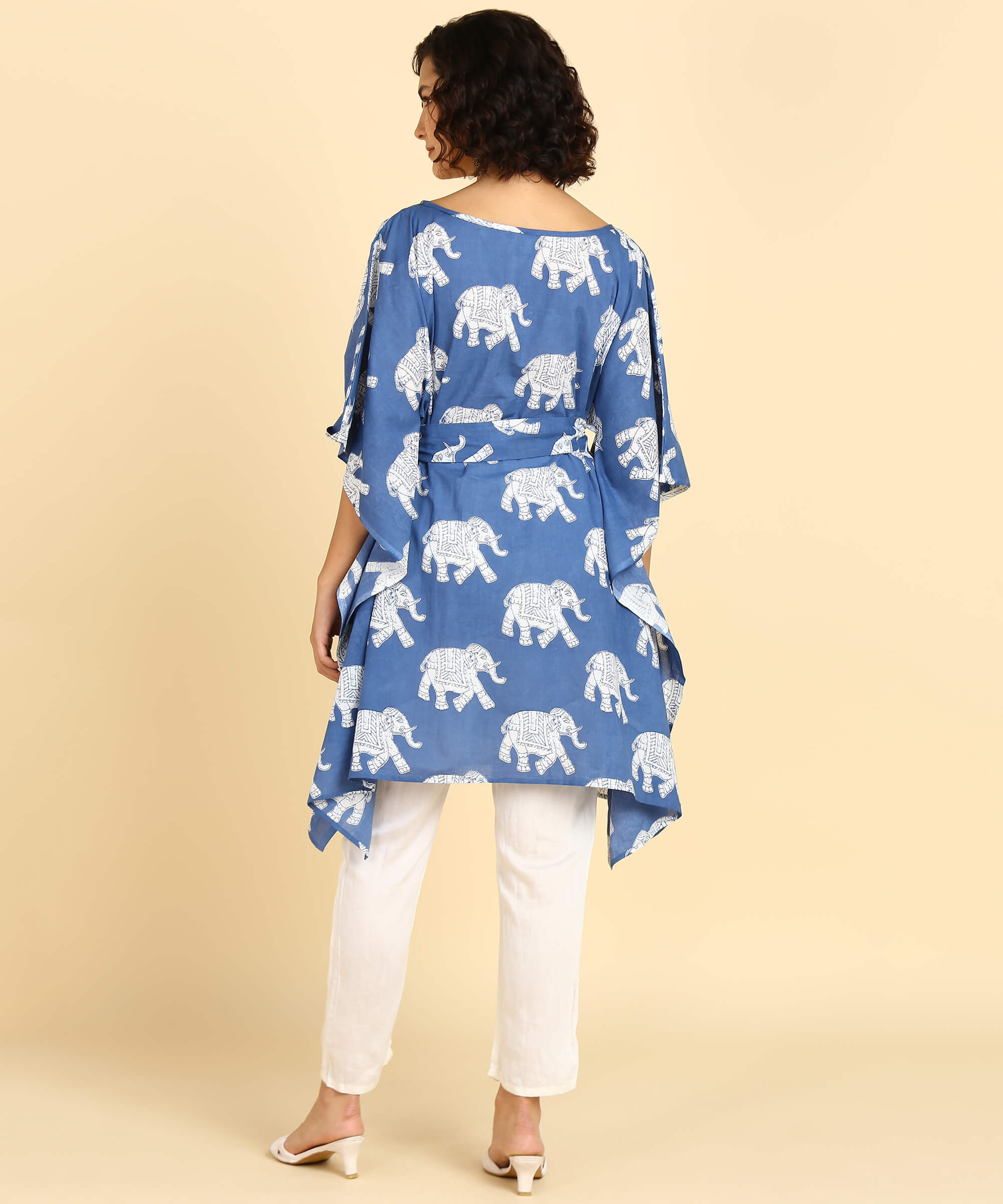 Jaipurhues Pure Cotton Blue Printed Kaftan Tunic With Hand Kantha Work (W1395)