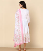 White Malmal Hand Block Print Anarkali Dress with Dupatta (W1401)