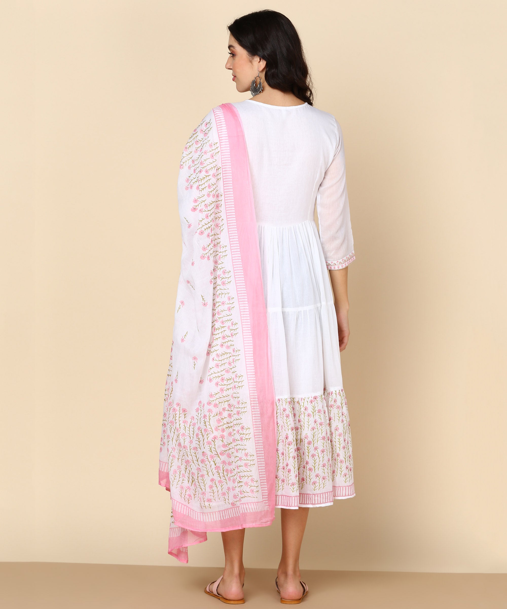 White Malmal Hand Block Print Anarkali Dress with Dupatta (W1401)