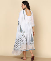 White Malmal Block Print Anarkali Dress with Dupatta (W1400)