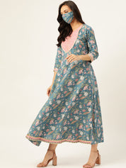 Pure Cotton Blue Flared Kurta With Dupatta (W1163)