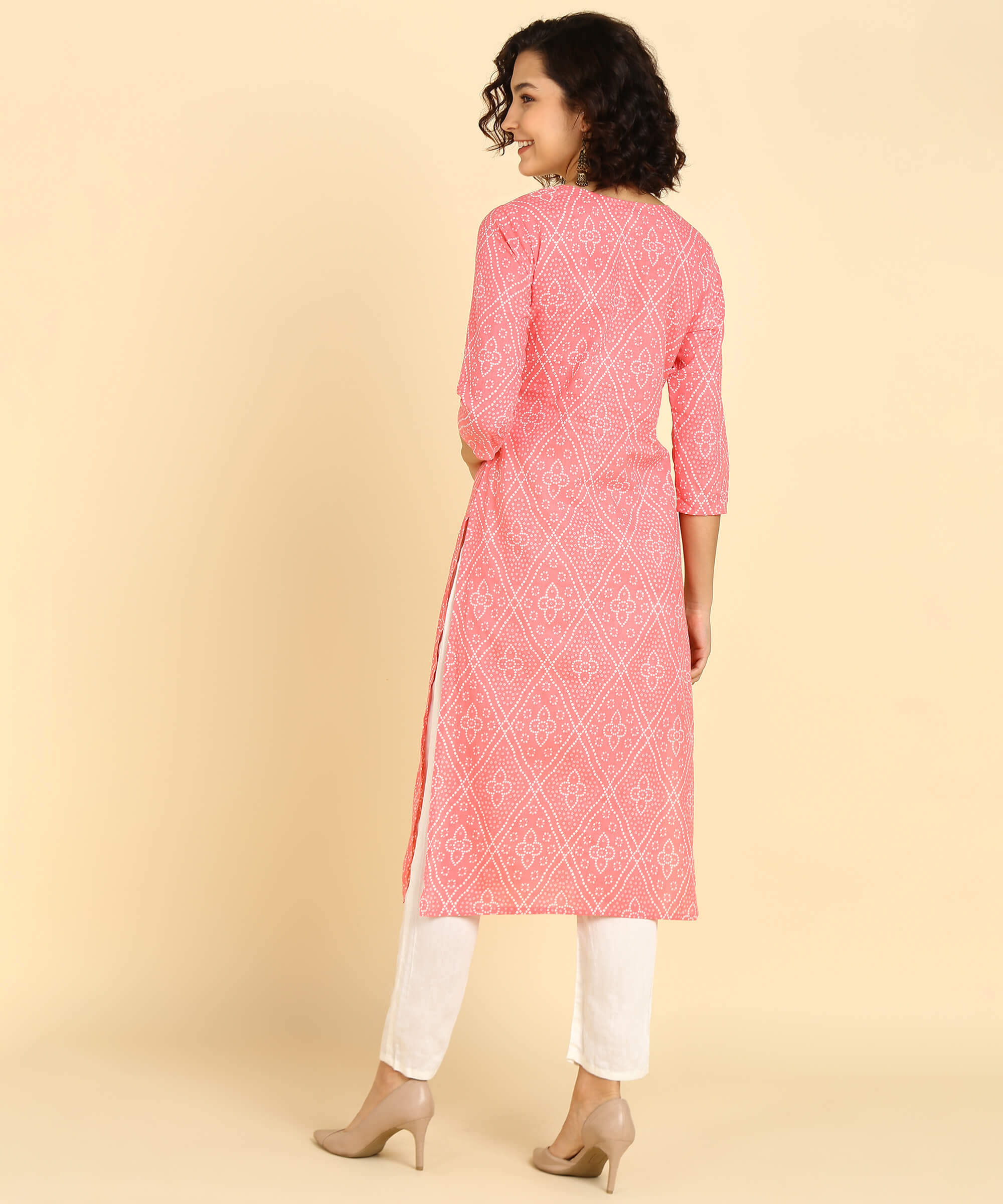 Pure Cotton Pink Bandhej Print Kurta with Zari Embroidery (W1391)