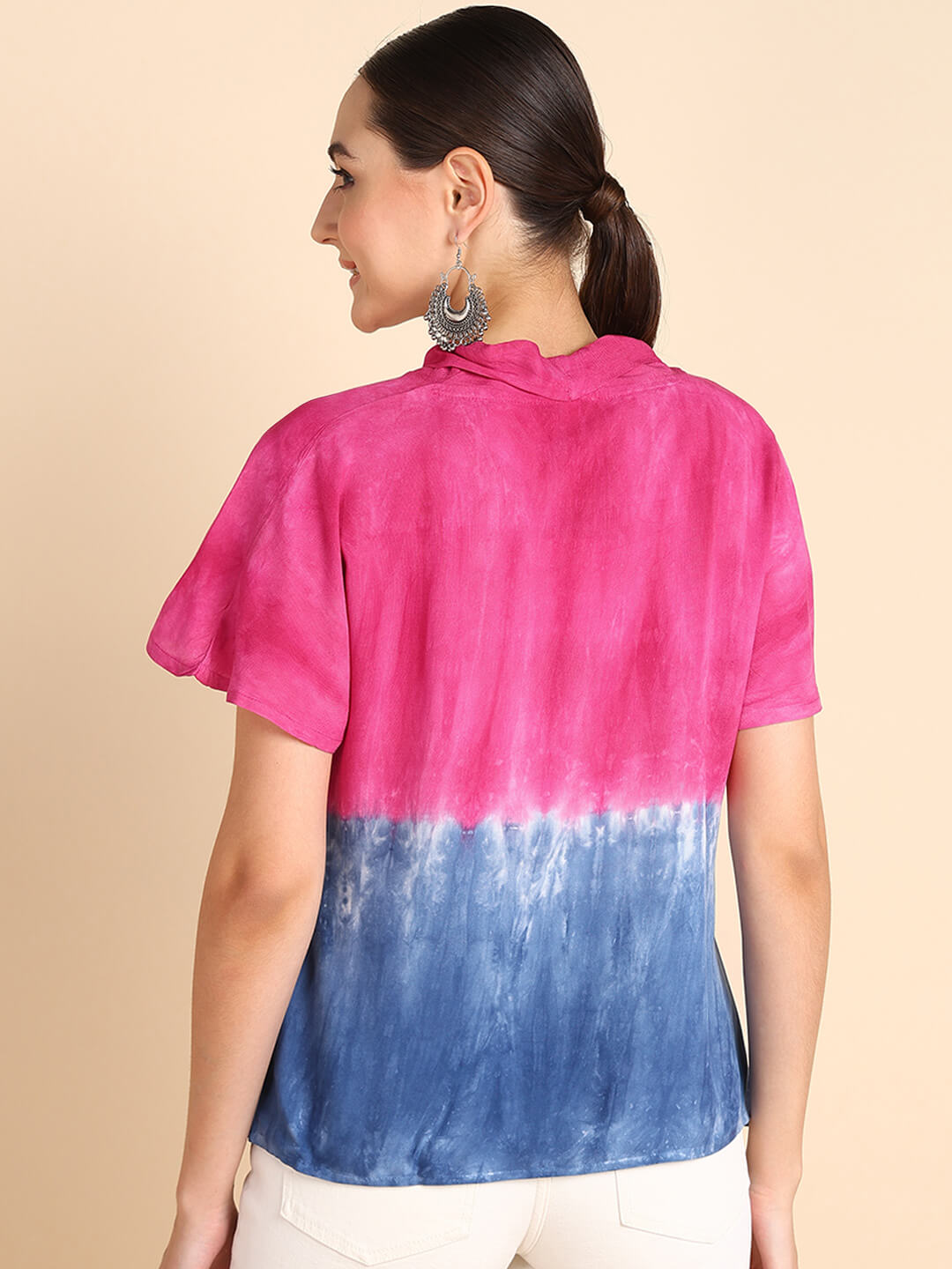 Half Sleeves Tie Dyed Invert Collar Rayon Top (W1471)