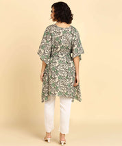 Pure Cotton Grey Printed Kaftan Tunic With Hand Kantha Work (W1396)