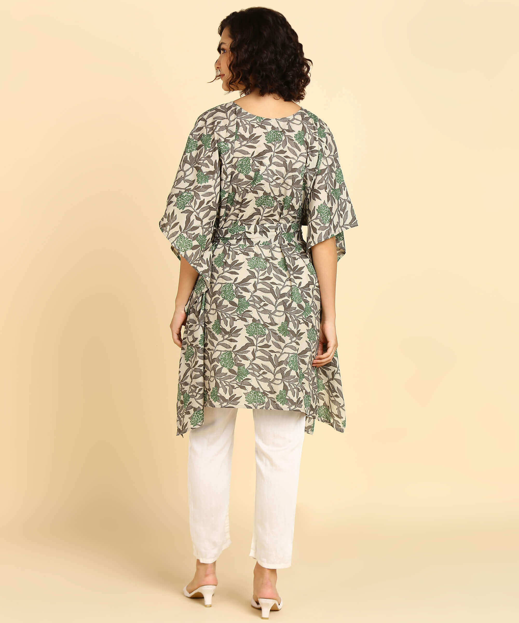 Pure Cotton Grey Printed Kaftan Tunic With Hand Kantha Work (W1396)