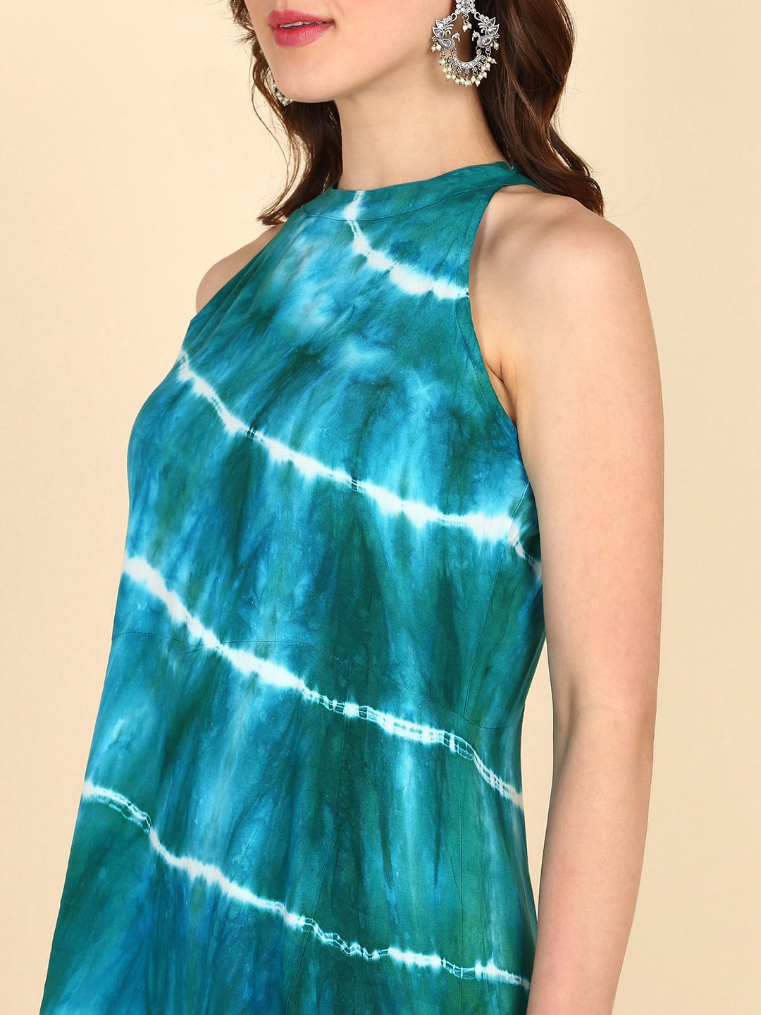 Rayon Tie Dye Green halter Front Slit High Low Dress (W1244)