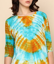 Teal and Mustard Circular Tie Dye Rayon Crepe Top (W1421)