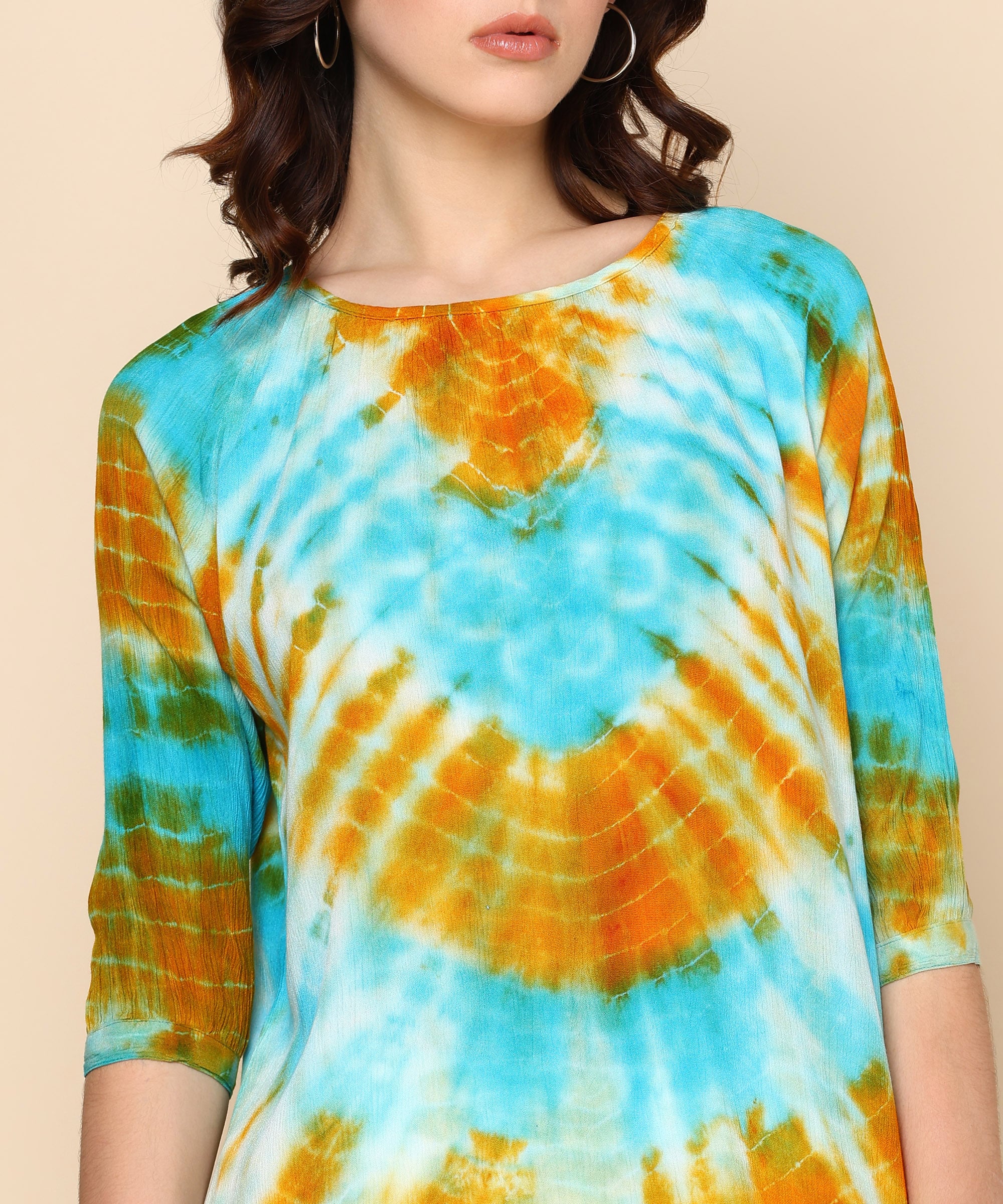 Teal and Mustard Circular Tie Dye Rayon Crepe Top (W1421)