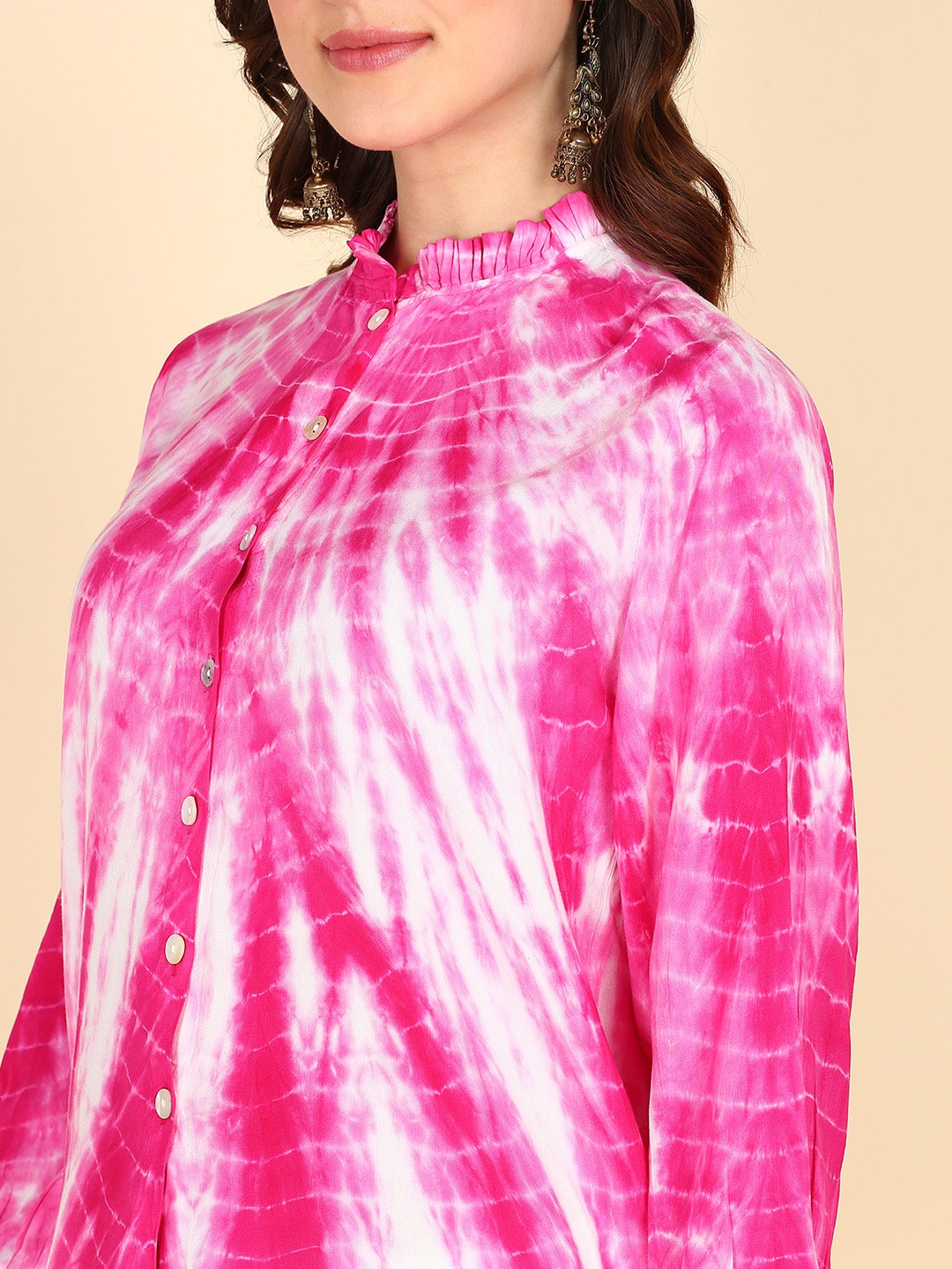 Rayon Tie Dye Pink Frill Neck Shirt (W1334)