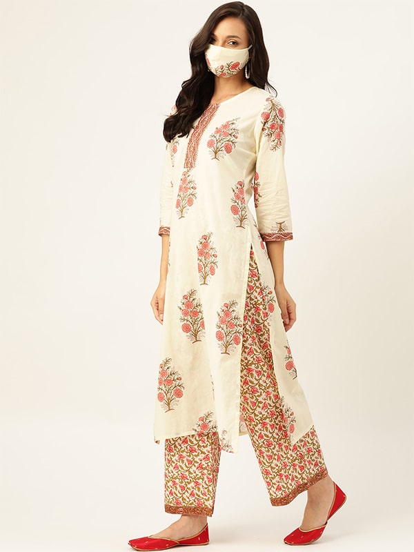 Pure Cotton Floral Printed Off White Kurta With Dupatta & Trouser (W1142)