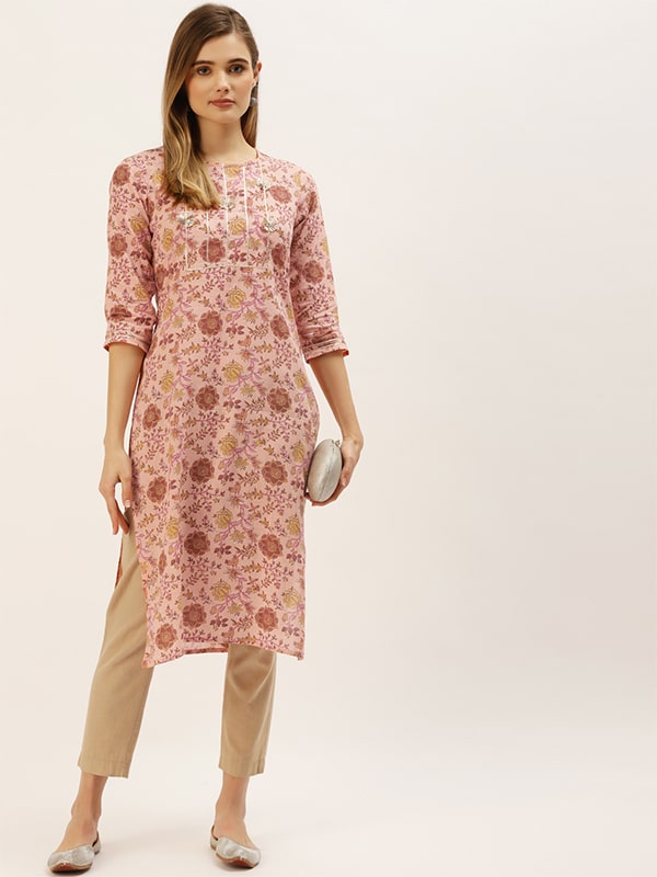 Pure Cotton Floral Printed Mustard Yellow Kurta (W1219)