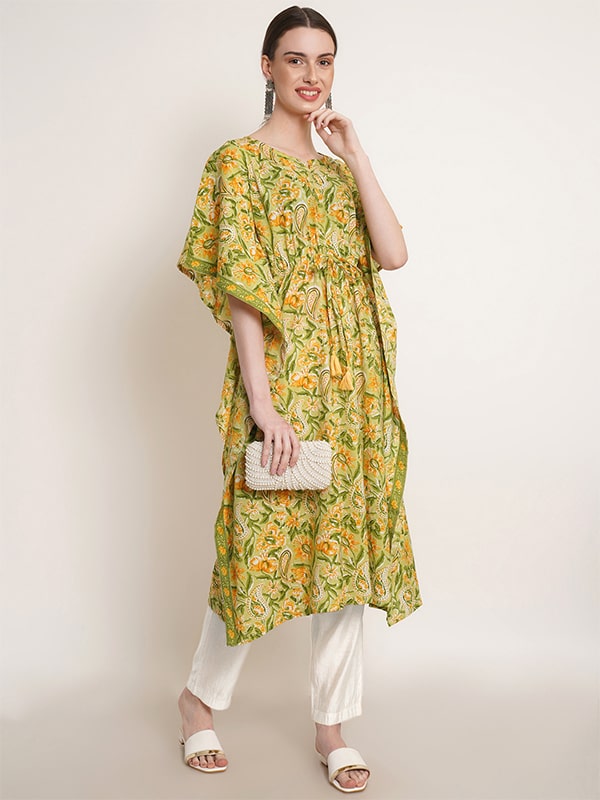 Green & Yellow Tie Dye Cotton Floral Print Kaftan Kurta (W1388)