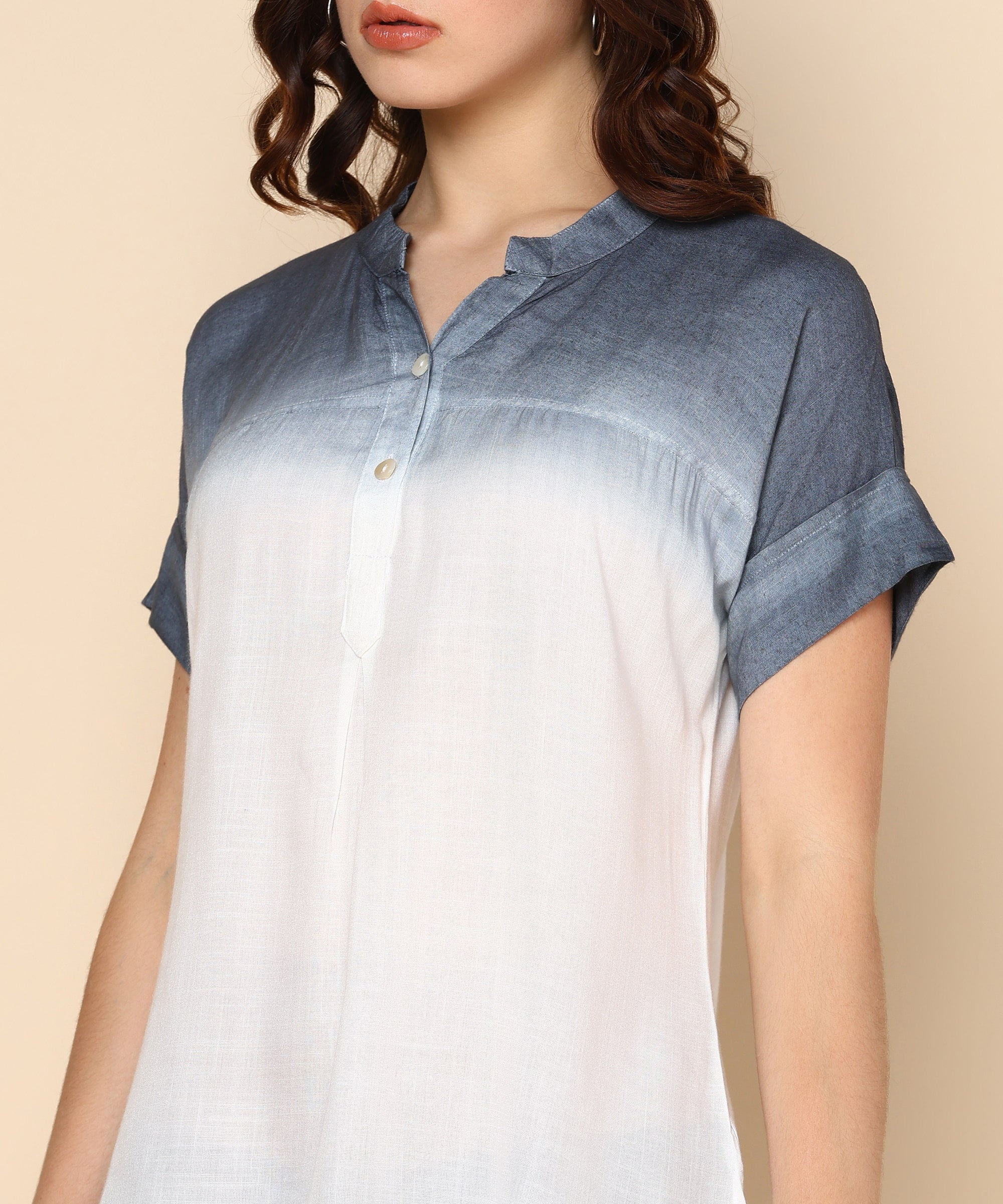 White and Smokey Grey Ombre Dyed Rayon Slub Top (W1422)