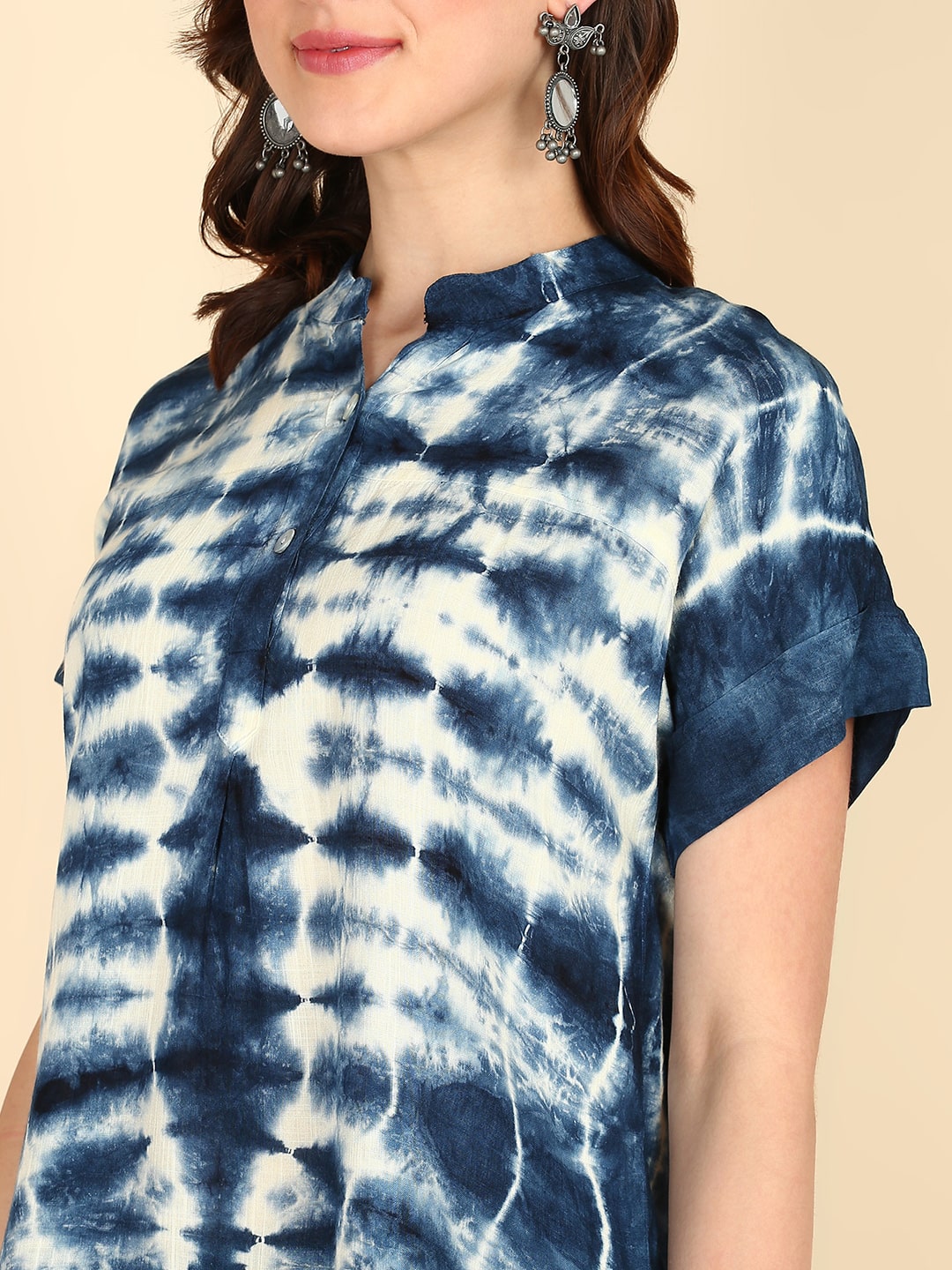 Rayon Tie Dye Blue Mandarin Collar Top (W1339)