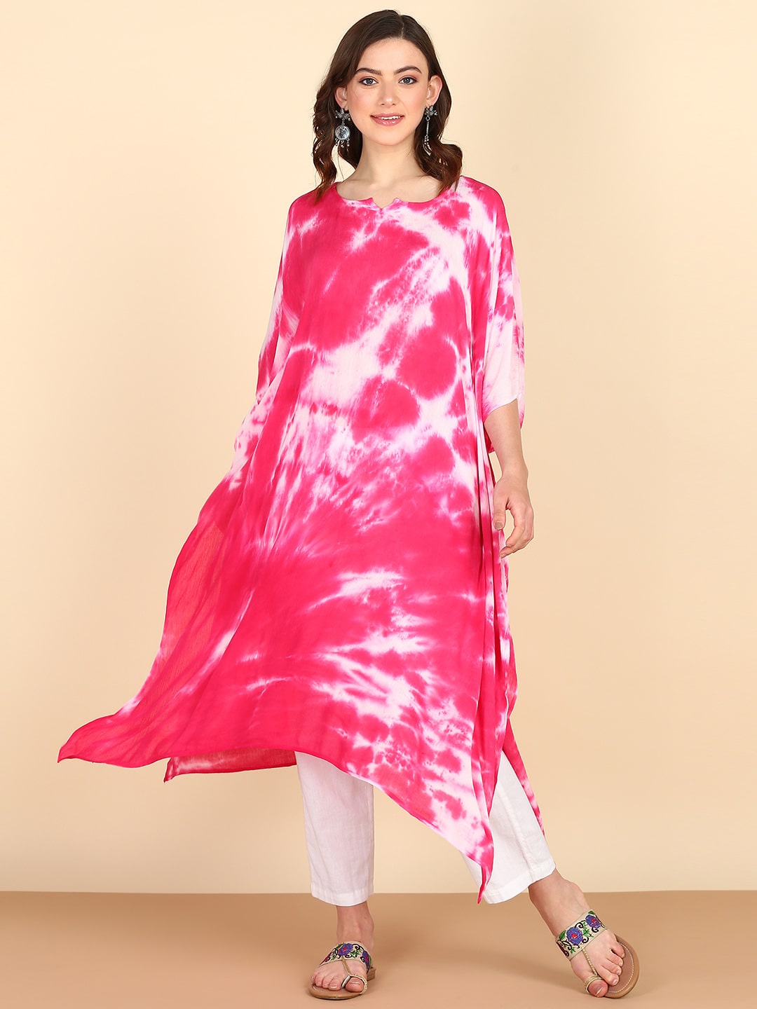 Rayon Tie Dye Pink And White Crepe Kaftan kurta (W1350)