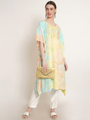 Pastel Yellow & Green Tie Dye Embroidery Work Rayon Staple Kaftan Kurta (W1385)