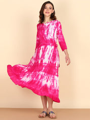 Rayon Abstract Tie Dye A-Line Pink Midi Dress With Tie-Up Closure (W1241)