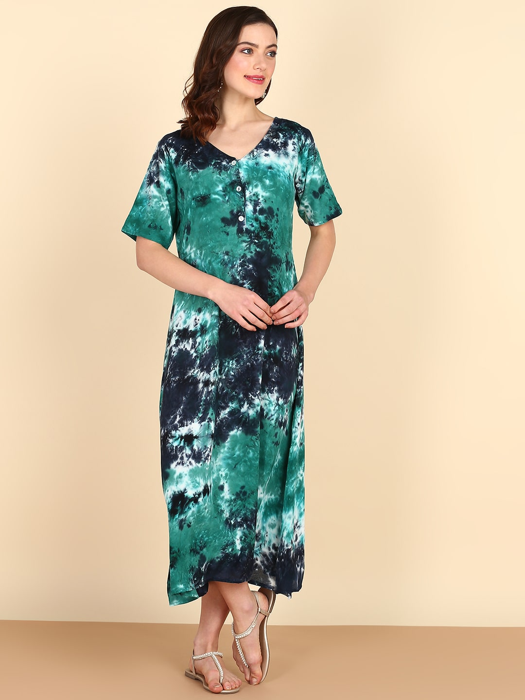 Rayon Tie Dye Sea Green A-Line Midi Dress (W1257)