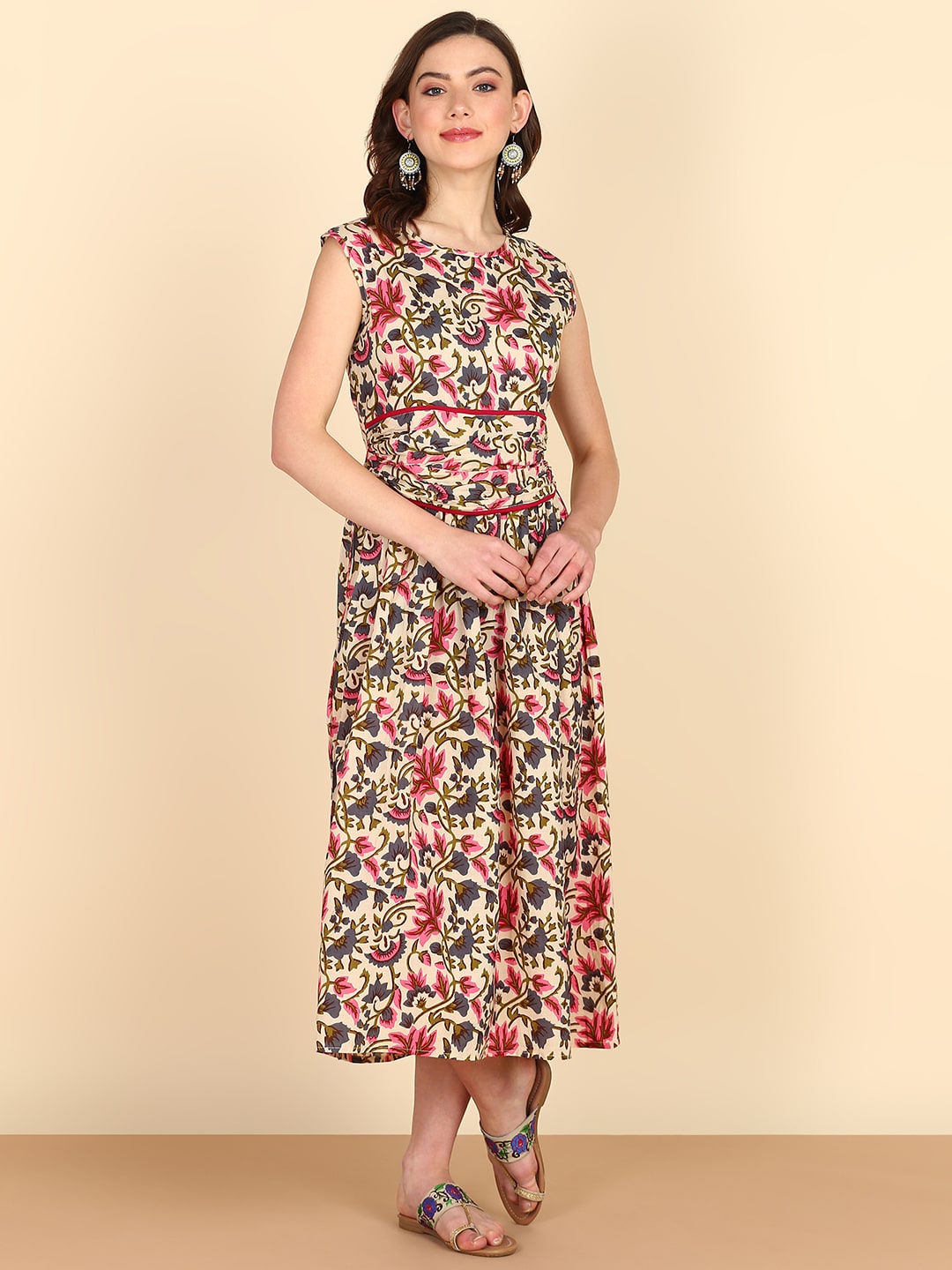 Pure Cotton Floral Printed Beige A-line Midi Dress (W1226)