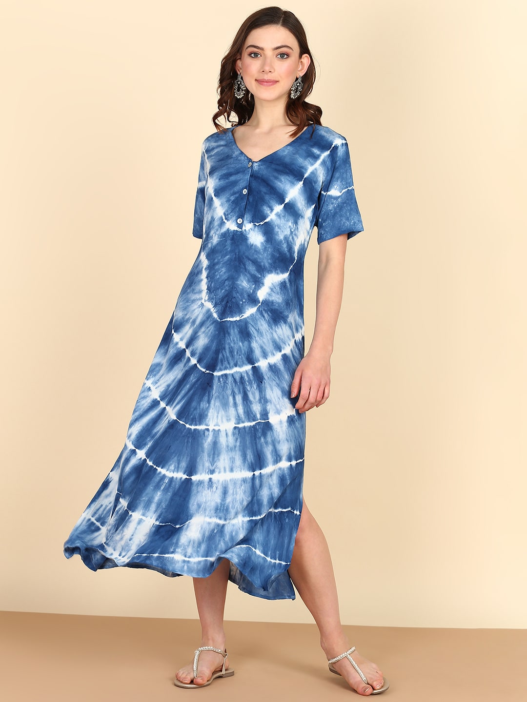 Rayon Tie Dye Blue A-Line Midi Dress (W1258)