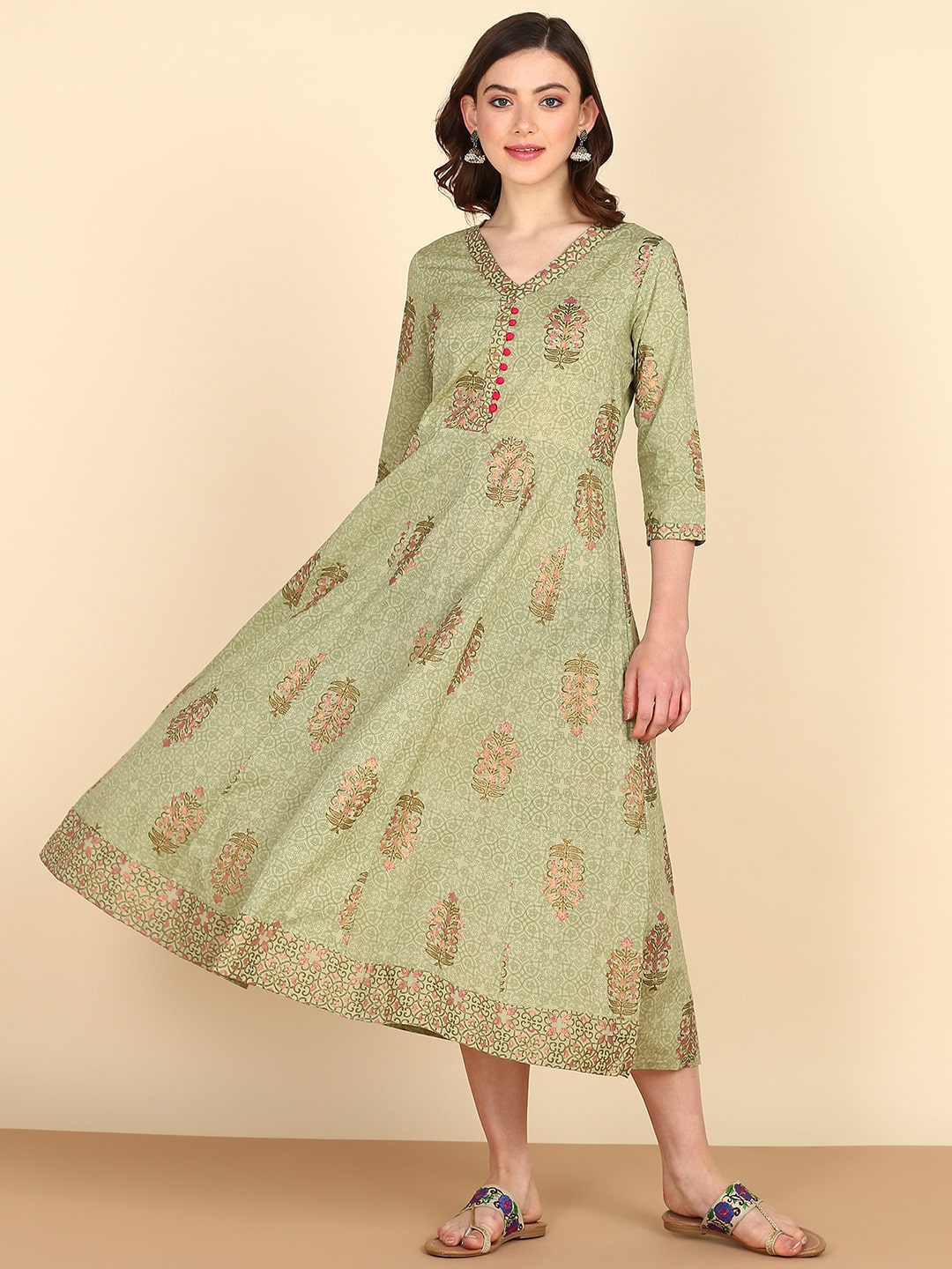 Pure Cotton Stylish Olive A-line Dress (W1070)