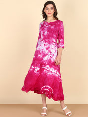 Rayon Tie dye Rose Pink Fit & Flare Belted Dress (W1268)