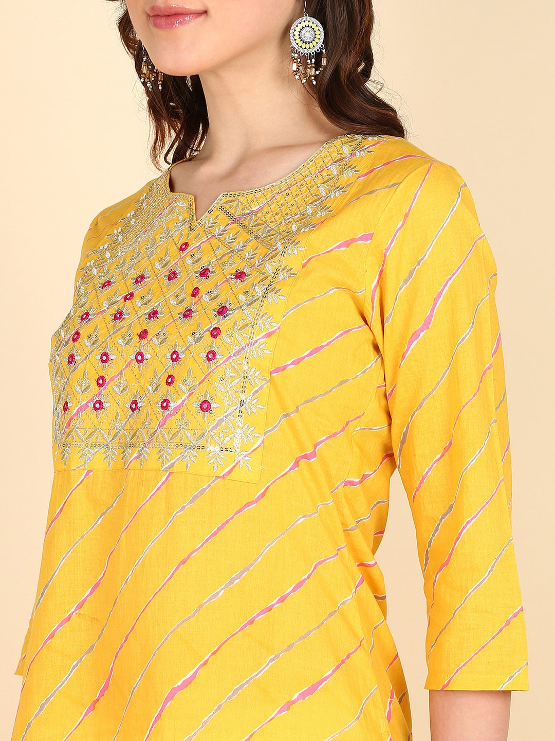 Yellow Pure Cotton Bandhej Print Kurti With Sequins Embroidery Work (W1363)