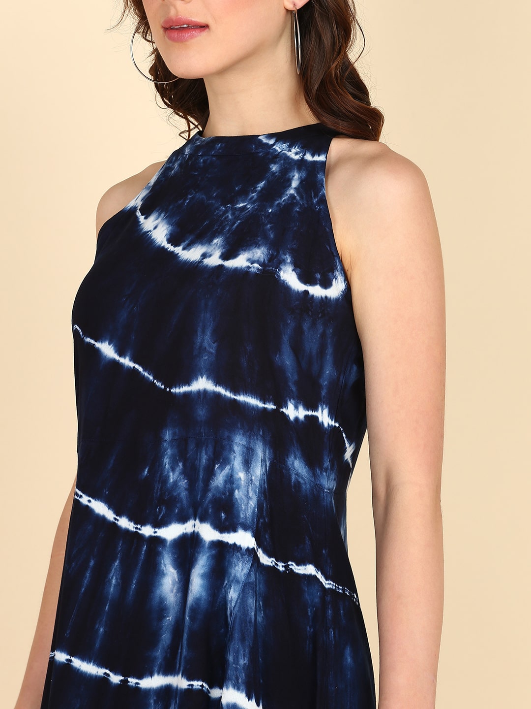 Rayon Tie Dye Blue  Halter Front Slit High Low  Dress (W1243)