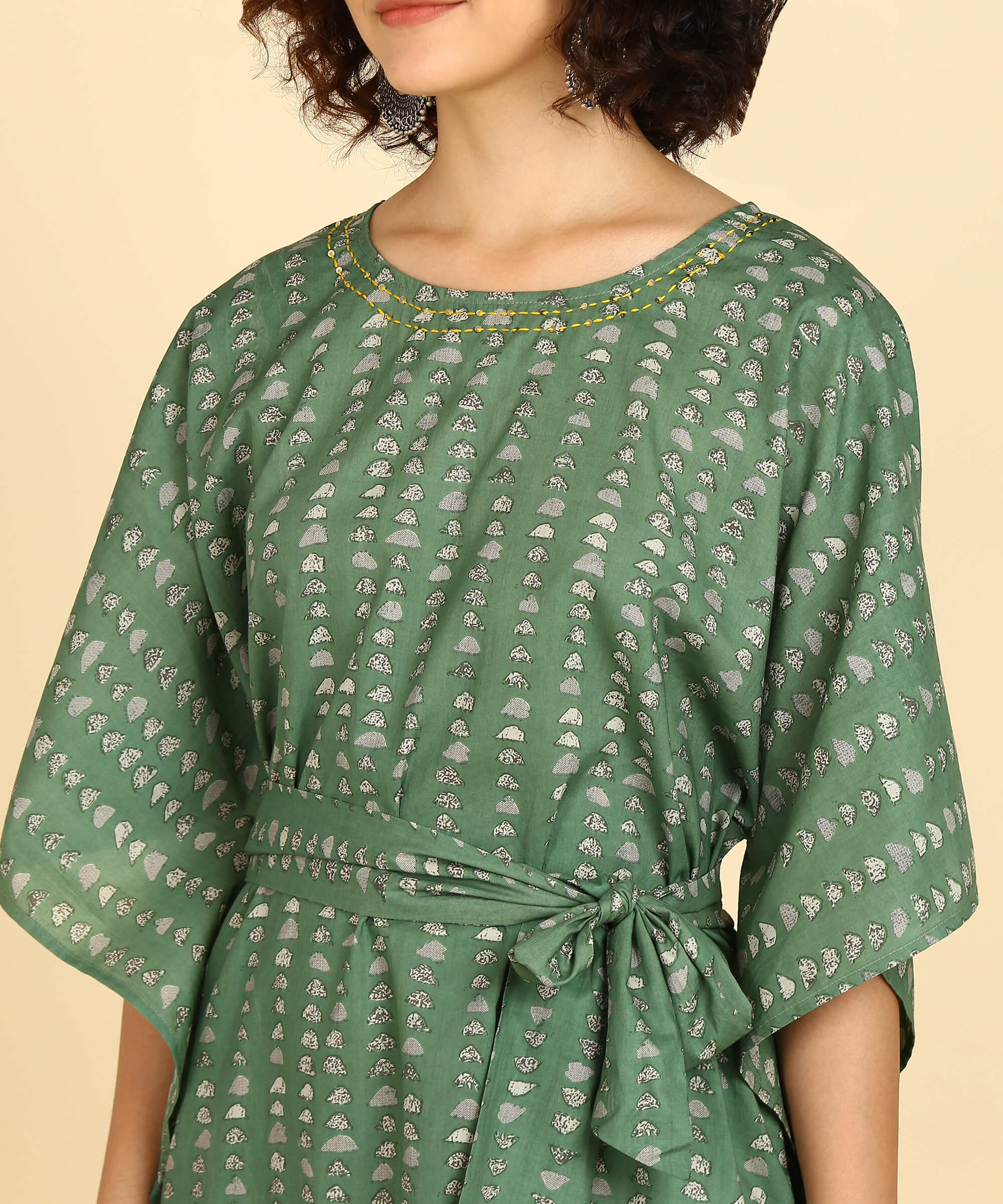 Jaipurhues Pure Cotton Green Printed Kaftan Tunic With Hand Kantha Work (W1394)