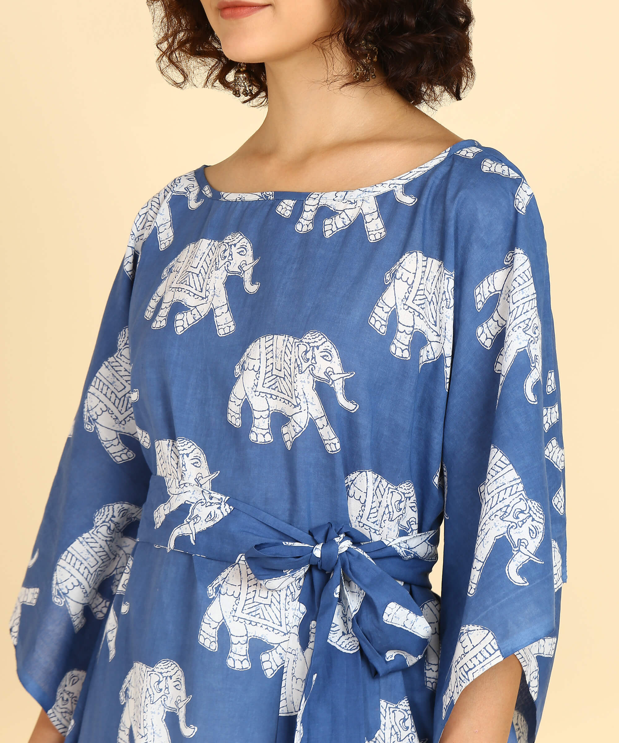 Jaipurhues Pure Cotton Blue Printed Kaftan Tunic With Hand Kantha Work (W1395)