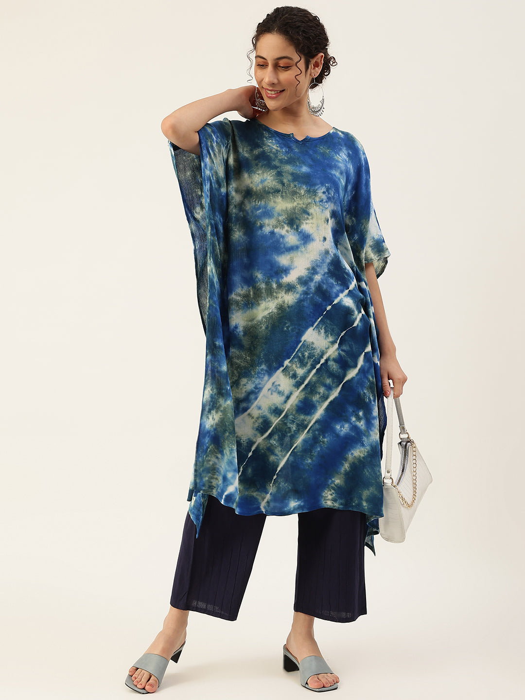 Rayon Crepe Tie Dye Blue Kaftan Kurta (W1209)